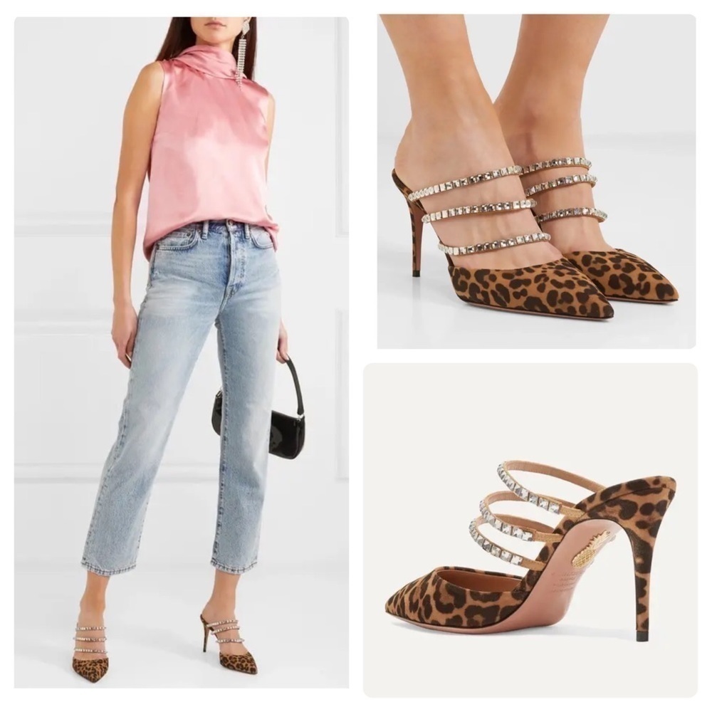 AQUAZZURA Donata 85 Swarovski Crystal Leopard Heels Mule